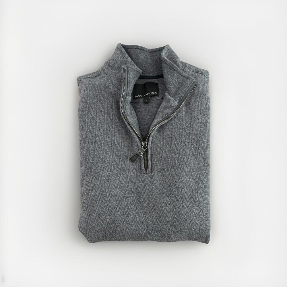 BANANA REPUBLIC MENS COTTON WOOL BLEND QUARTER ZIP SWEATER LARGE GREY VGC!